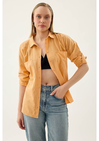 Vitrin Basic Oversize Önden Cepli Gömlek Oranj