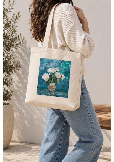 Lunora Collection Vazodaki Çiçek Baskılı Körüklü Kanvas Bez Çanta Ham Renk