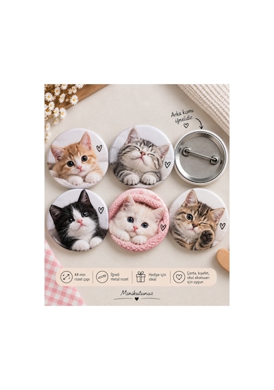 Minikutunuz 5 Li Sevimli Kedi Rozet Seti 44 Mm Kedi Desenli İğneli Yaka Rozeti, Çanta Ve Okul Aksesuarı Diğer