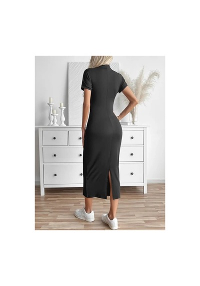 Butik İstanbul Kadın Yarı Balıkçı Yaka Yırtmaçlı Dalgıç Midi Elbise Siyah