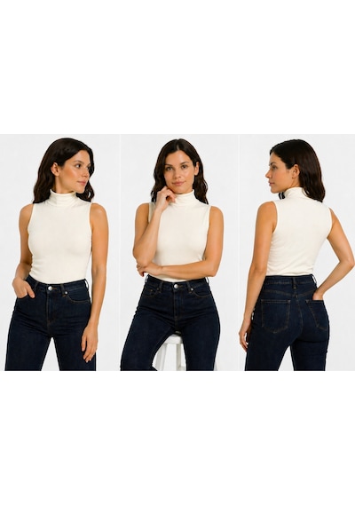 İngegno Body Yarım Yaka Kolsuz Viskon Örme Kumaş Body Siyah Beyaz 2 Li Paket Ekru - Siyah
