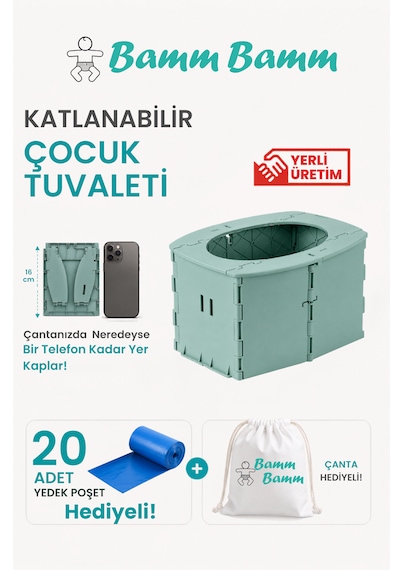 Bamm Bamm Katlanabilir Çocuk Tuvaleti, Portatif Lazımlık Taşıma Çantalı Yeşil
