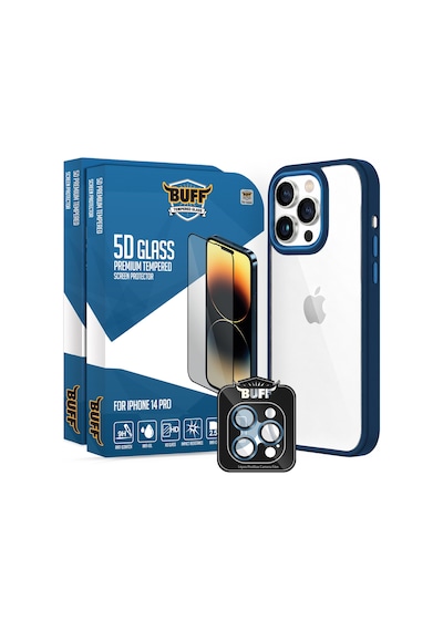 Buff Apple Uyumlu iPhone 14 Pro Avantaj Paket - 2x5d Ekran Koruyucu + Air Bumper Kılıf + Lens Koruyucu Koyu Mavi