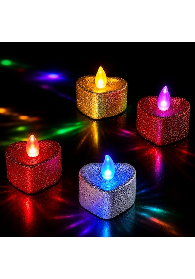 144 Adet Yüksek Kalite Simli Kalpli Renkli Led Işıklı Mum Kırmızı Gümüş Gold Kalpli Tea Light Mum