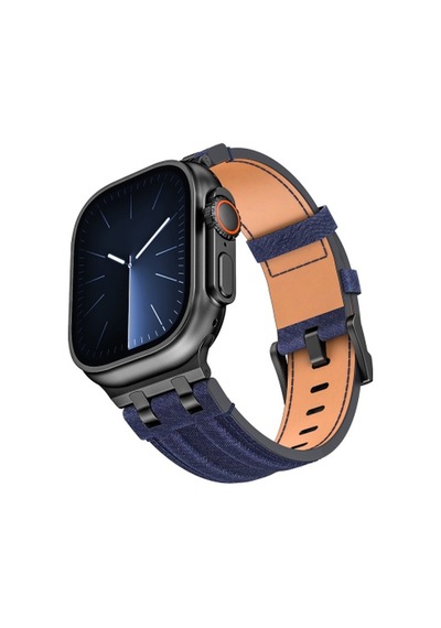 Apple Watch 7 45mm Uyumlu Krd-153 Kot Kumaş Tasarımlı Kordon - Siyah-mavi
