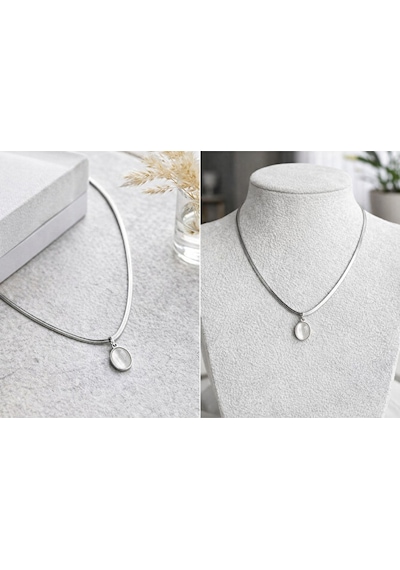 Taşlı Oval Uçlu Yılan Zincir Kolye Altın & Gümüş Renk Seçenekli 39917458