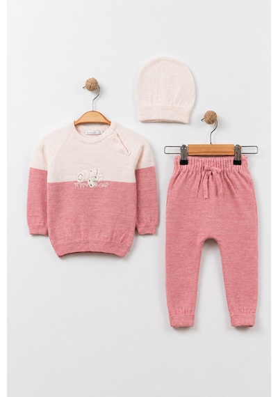 Babyhola Çocuk Teddy Bear Detay Kazak Pantolon Bere Triko Kışlık Takım 22113 Pembe