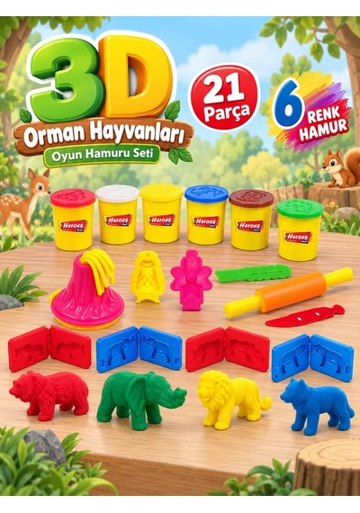 3D Orman Hayvanları Hamur 21 Parça 6 Farklı Renkli Dinazor Kalıplı Ve Aksesuarlı Oyuncak Oyun Seti