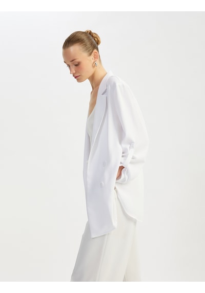 Koton Katlama Detaylı Krep Kumaş 3/4 Kol Kruvaze Uzun Oversize Blazer Ceket Kırık Beyaz 5sak50002ew Ekru