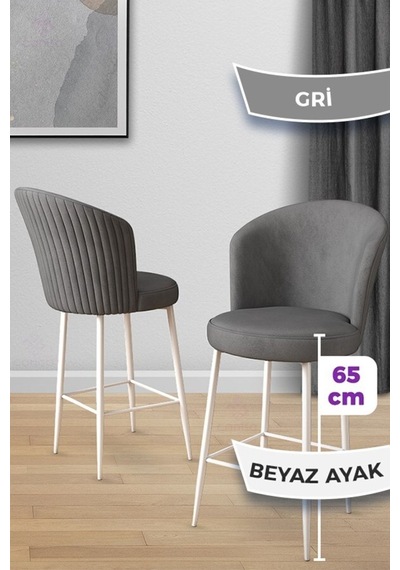 Canisa Alte Serisi 6 Gri Sandalye 65 Cm Ada Mutfak Bar Sandalyesi Babyface Kumaş Beyaz Metal Ayaklı Sandalye Gri Ayaklar Beyaz