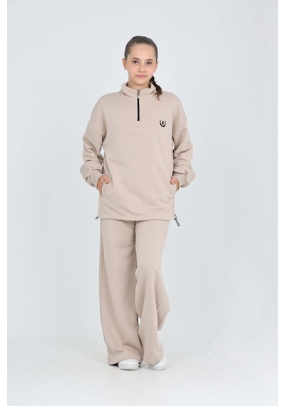Toontoy Kids Toontoy Kız Çocuk 2'li Takım Dik Yaka Yarım Fermuarlı Nakışlı Sweatshirt & Beli Lastikli Bol Paça Cepli Eşofman Altı Bej