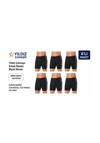 Yıldız Çamaşır Erkek Modal Biyeli Boxer 105-106-107-108-109 - 6 Adet Siyah