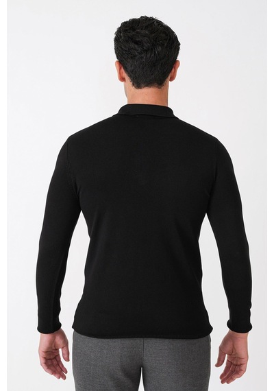 Slim Fit Esnek Pamuklu Fermuarlı Polo Yaka Siyah Triko Tr 902