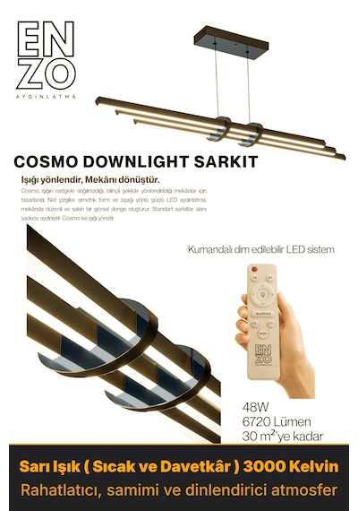 Cosmo Füme Işık Lineer Led Sarkıt Avize Kumandalı Dim Edilir Aşağı Işık Sarı Işık