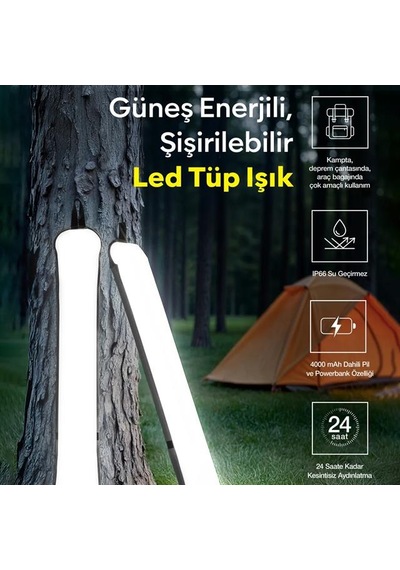 Zmr Zmr-385 Katlanır Şişirilebilir Beyaz Ledli Aydınlatma Tüpü Usb Ve Güneş Enerjisi Şarjlı Armatür Diğer