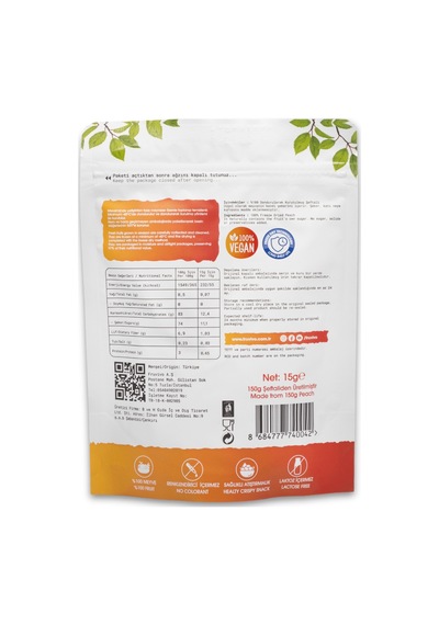Fruvivo Dondurularak Kurutulmuş Şeftali Freeze Dry Şeftali Cipsi Şeker İlavesiz %100 Doğal Vegan Atıştırmalık 15 G