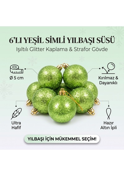 6'lı Simli Yılbaşı Ağaç Süsü Topu 5 Cm - Kar Topu Süsleme Seti - 9070717194218 Diğer
