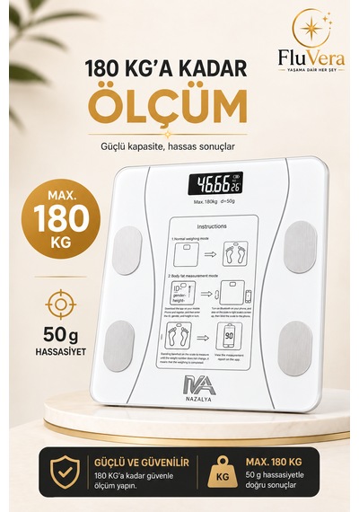 Pilli Bluetooth Akıllı Baskül Vücut Yağ Su Kas Vücut Kitle Endeksi Analizli Dijital Tartı 180 Kg 50 Gr Hassasiyet Bmı Yağ Su Kas Ölçer