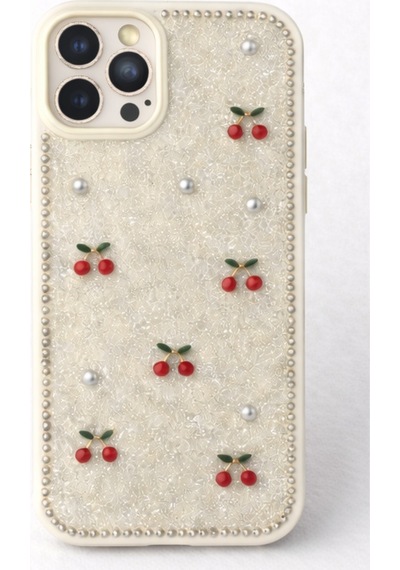 Apple Uyumlu iPhone 15 Pro Kiraz Figürlü Simli İnci Taşlı Lüx Silikon Kılıf Krem
