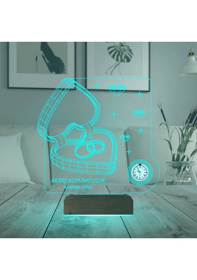 Luvivia Kalp Kuyumcu Alyans Sevgili Hediye Kişiye Özel Metal Saatli 3d Lamba - Masa Gece Lambası Şeffaf