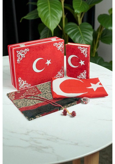 Türk Bayraklı Kuranı Kerim Hediyelik Set Kadife Kutulu, Bayrak, Seccade Ve Tesbih
