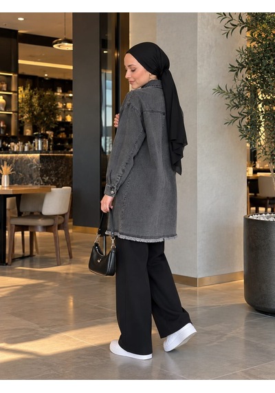 Esra Butik78 Kot Ceket Desenli, Düğmeli, Büyük Beden Uyumlu Füme