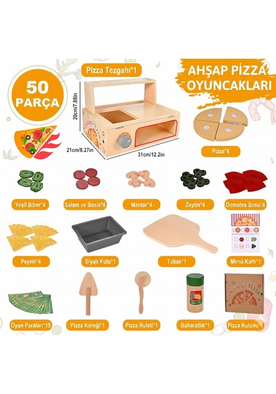 Limon Dekor 50 Parça Ahşap Oyuncak Pizza Fırını Oyun Seti - Eğitici Mutfak Evcilik Oyuncakları