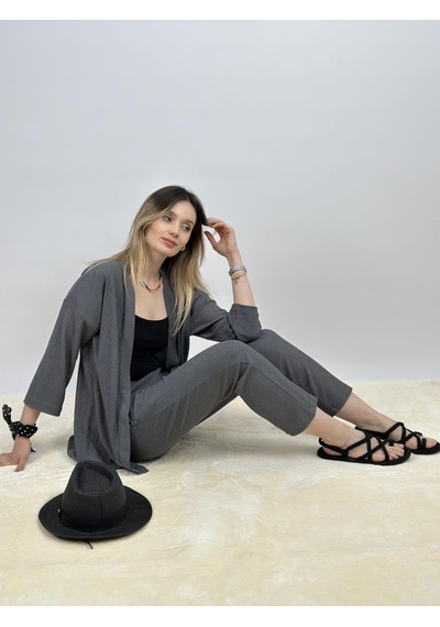 Kadın Pantolonlu Alt Üst İkili Kimono Takım Rahat Kalıp Gri