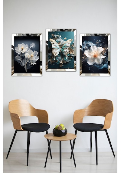 Kelebekler Ve Çiçekler 3'lü Tablo Pileksi Kenar 21x30 30 Cm