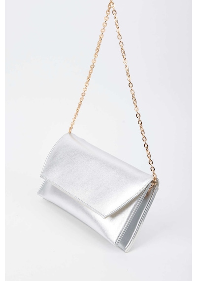Vivaq Kadın Gümüş Rugan Zarf Tasarım 2 Bölmeli Mini Zincir Askılı Çıt Çıt Kapama Clutch Ve El Çantası