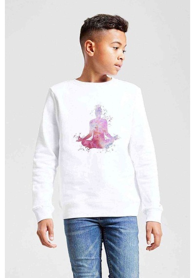 Tshirthane Sıcak Yoga Lotus Pozisyonu Baskılı Unisex Çocuk Beyaz Sweatshirt Beyaz
