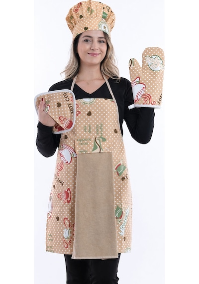 Damla 5li Set Sıvı Geçirmez Su Geçirmez Mutfak Önlüğü Seti Şapka, Eldiven, Tutacak Coffee