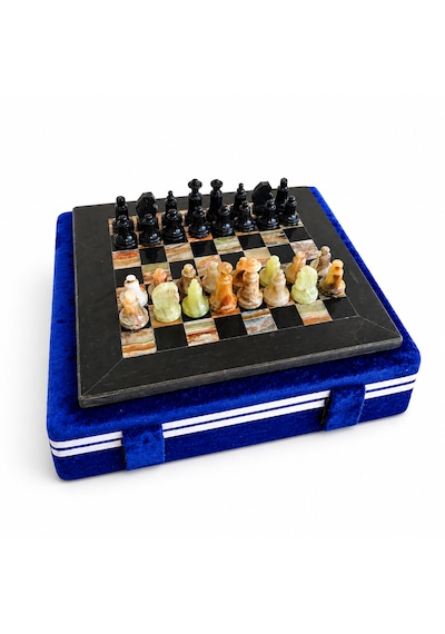 El Yapımı Siyah & Yeşil Oniks Doğal Taş Satranç Takımı 20x20 Cm 8 İnç Dekoratif Mermer Satranç Seti Hediyelik Premium Satranç