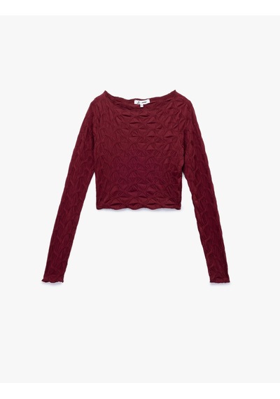 Koton Uzun Kollu Dokulu Kayık Yaka Slim Fit Crop Tişört Bordo 6wal10091ık Bordo