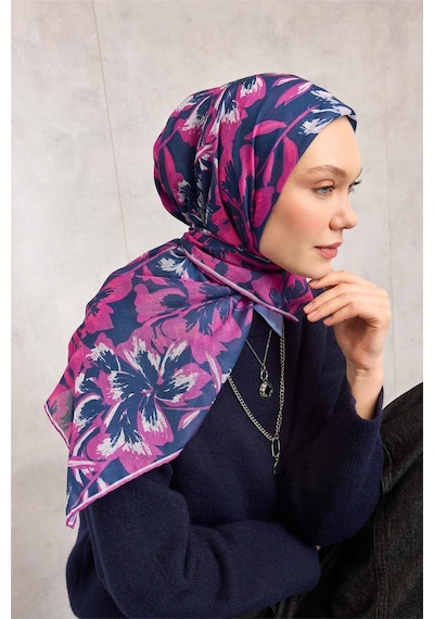 Silk Home Pamuk Polyester Soft Eşarp Mavi Fuşya Büyük Papatya Desenli Tok Duruşlu 90x90 Çok Renkli