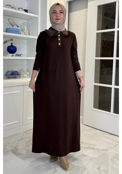 Rabia Şamlı Derya Dantelli Triko Elbise Kahve Normal