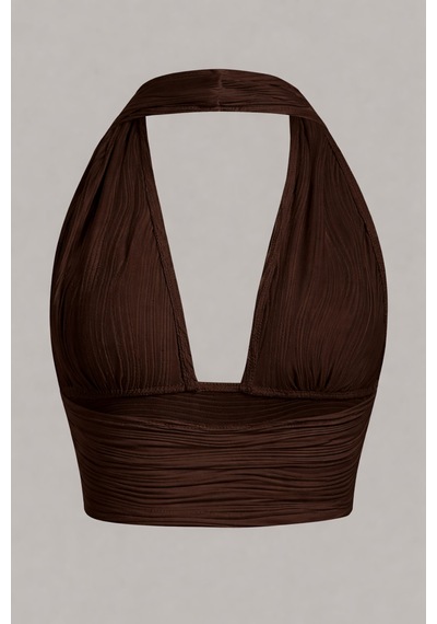 Wild Flower Elastanlı Halter Yaka Crop Dekolteli Bluz Acı Kahve