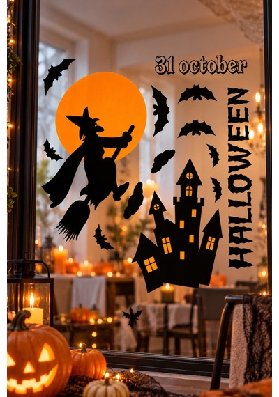Halloween Yarasa Cadı Cam Sticker Seti Cadılar Bayramı Pencere Dekorasyonu Parti Aksesuarı Diğer