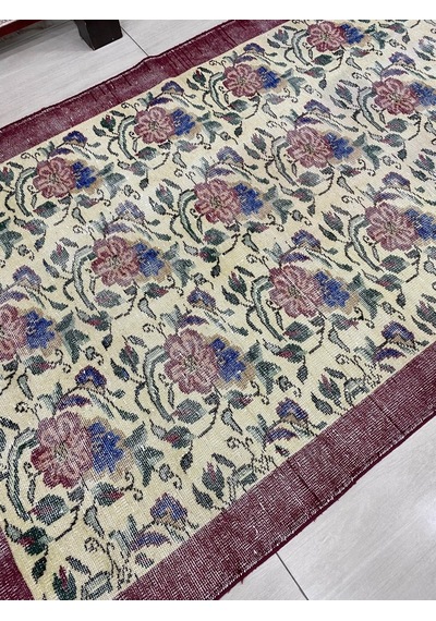 El Dokuma Eskitme 145X240 Kırmızı Mavi Güllü Vintage Yün Halı ! Kırmızı