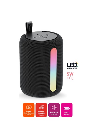 Polosmart Fs110 Işıklı Taşınabilir Kablosuz Bluetooth Speaker Hoparlör 1200 Mah Siyah