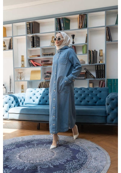 6329-taşlı Denim Kapşonlu Kap Mavi Mavi