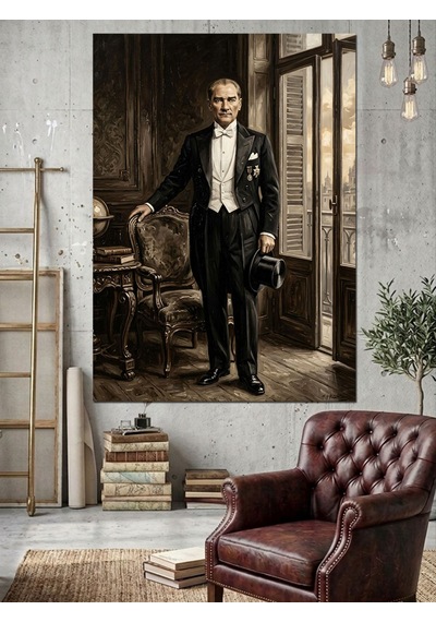 Smokinli Atatürk Pencere Kenarı Portre Dekoratif Kanvas - Mdf Ahşap Tablo Çok Renkli