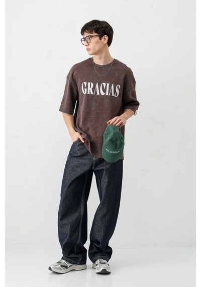 Vamos Oversize Baskılı Tişört V70-143 Kahve