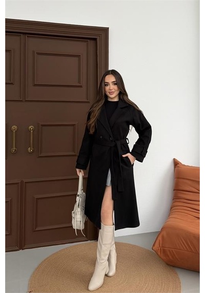 Neşeli Butik Kadın Siyah Kuşaklı Reglan Kol Düğmeli Premium Kaşe Kaban Nbkbn01 Siyah