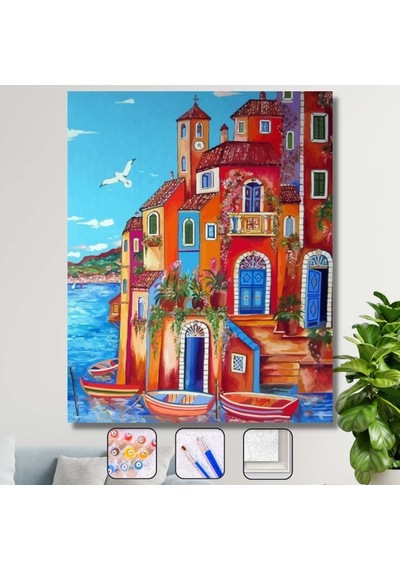 Renkli Yalı Sayılarla Boyama Seti - 40x50cm, Çerçeveli