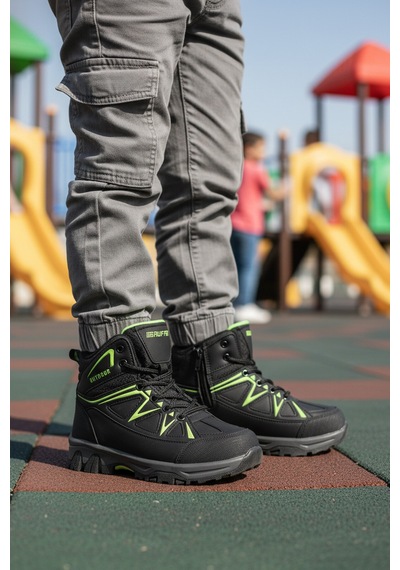 Ayakmod Siyah Yeşil Polarlı Kaymaz Unisex Çocuk Outdoor Bot 2301 F Siyah - Yeşil