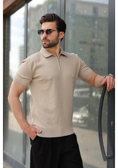 Madmext Bej Polo Yaka Örgü Desenli Triko Erkek Tişört E7489