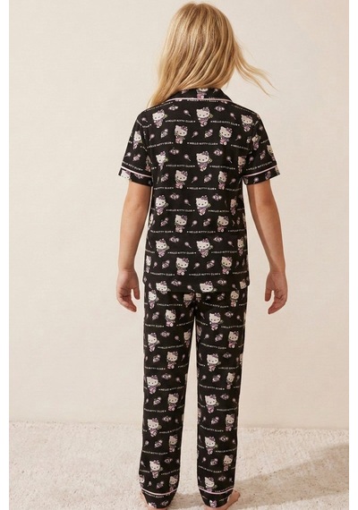 Siyah İnci Hello Kitty Lisanslı %100 Pamuk Pembe Çok Renkli Düğmeli Biyeli Pijama Takım 26120451 Siyah Pembe
