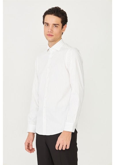 Bej İnce Çizgili Uzun Kollu Gömlek Slim Fit Beyaz-kahve