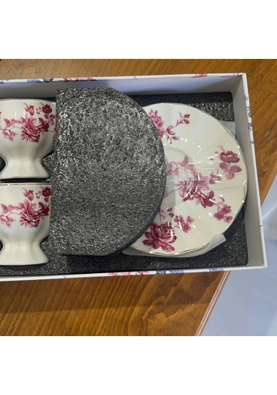 Pembe Mavi Çiçek Desenli Kutulu Fincan Takımı 2 Li Beyaz